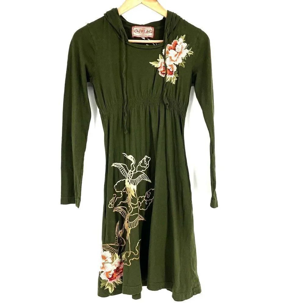 Johnny Was JWLA Dress Size XS Green Hooded Knit EmbroideredโFloral CraneโBoho